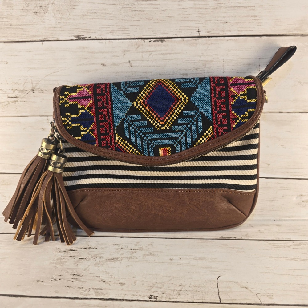 VTG MMS Boho Embroidered Striped Crossbody Brown Faux Leather Tassel no Strap